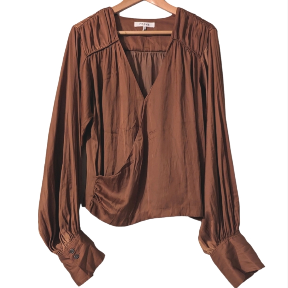 Frame Denim Satin Balloon Long Sleeve Wrap Front Blouson V-Neck Blouse Bronze XL - Picture 3 of 13